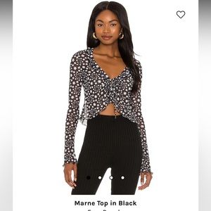 Free People Marne Long Sleeve Tie Front Top in Black and White star print